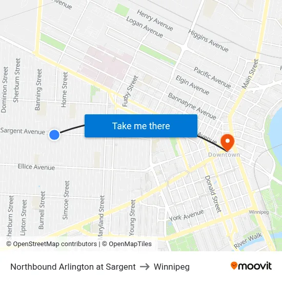 Northbound Arlington at Sargent to Winnipeg map