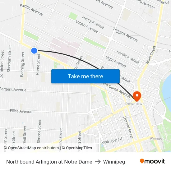 Northbound Arlington at Notre Dame to Winnipeg map