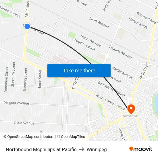 Northbound Mcphillips at Pacific to Winnipeg map