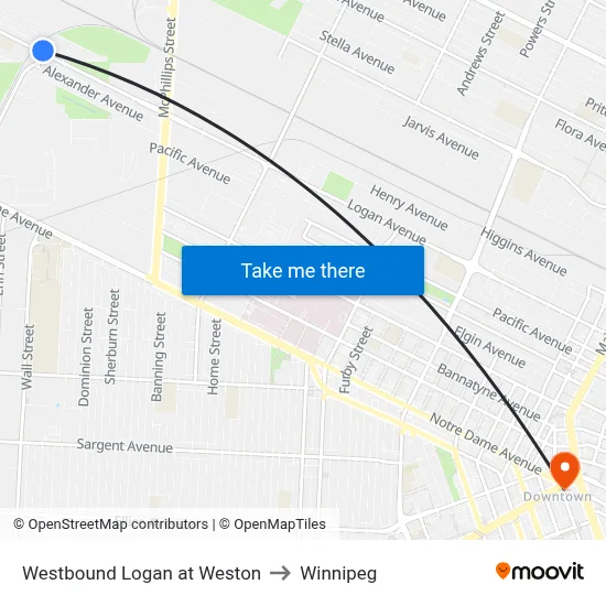 Westbound Logan at Weston to Winnipeg map