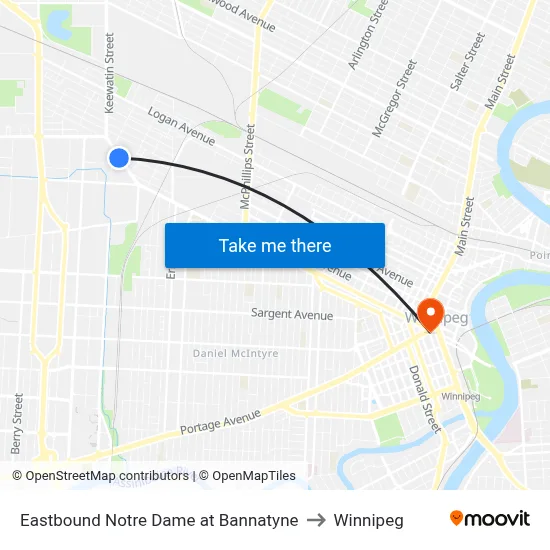 Eastbound Notre Dame at Bannatyne to Winnipeg map