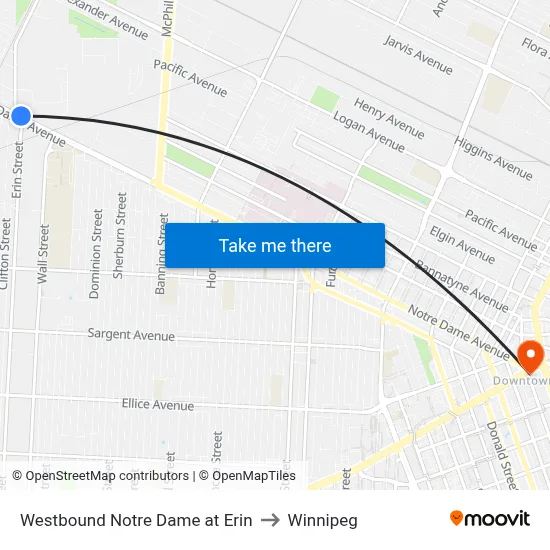Westbound Notre Dame at Erin to Winnipeg map