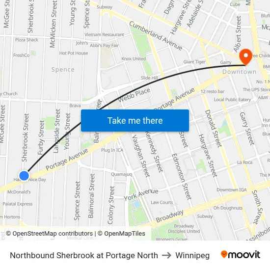 Northbound Sherbrook at Portage North to Winnipeg map