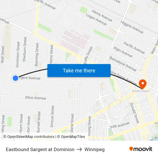 Eastbound Sargent at Dominion to Winnipeg map