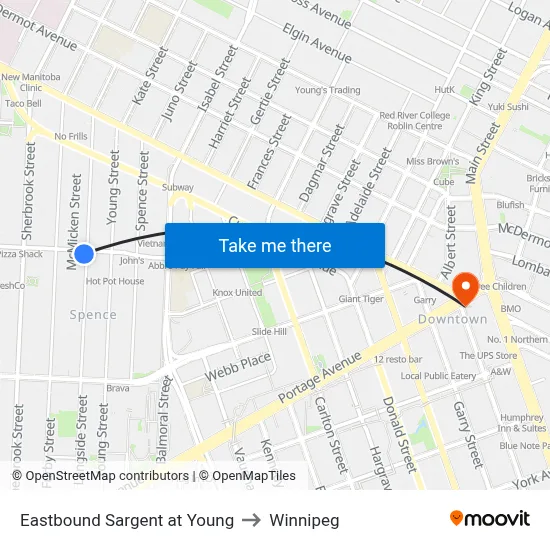 Eastbound Sargent at Young to Winnipeg map