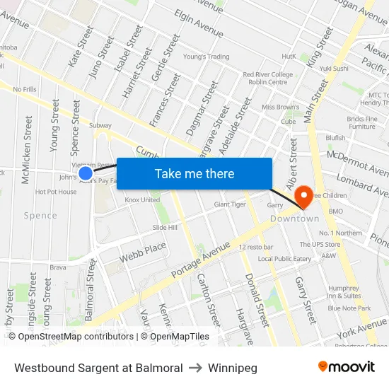 Westbound Sargent at Balmoral to Winnipeg map
