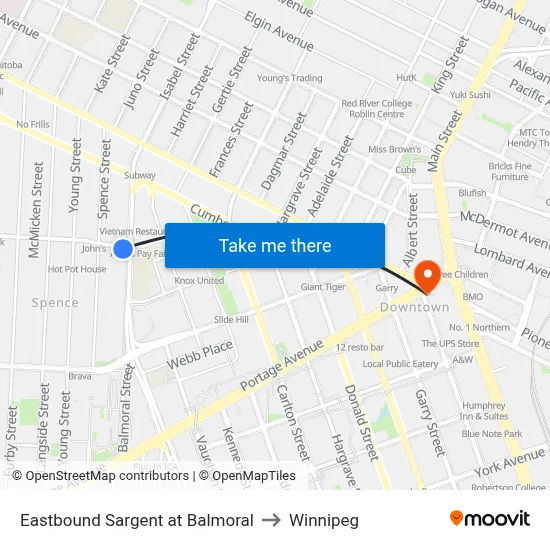Eastbound Sargent at Balmoral to Winnipeg map