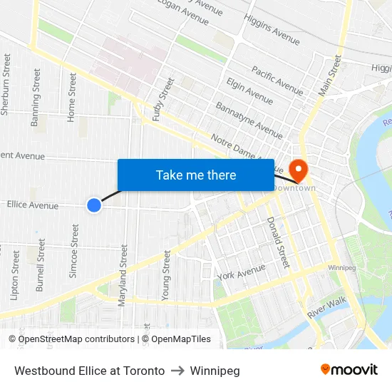 Westbound Ellice at Toronto to Winnipeg map