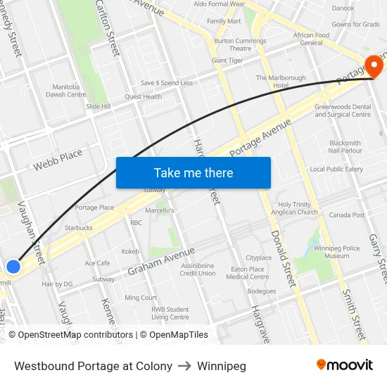 Westbound Portage at Colony to Winnipeg map
