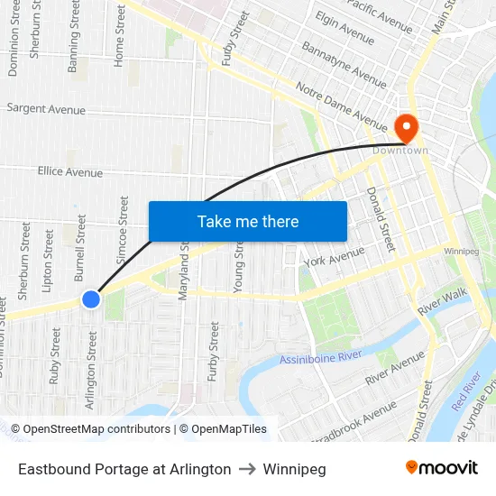 Eastbound Portage at Arlington to Winnipeg map