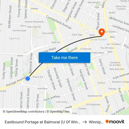 Eastbound Portage at Balmoral (U Of Winnipeg) to Winnipeg map