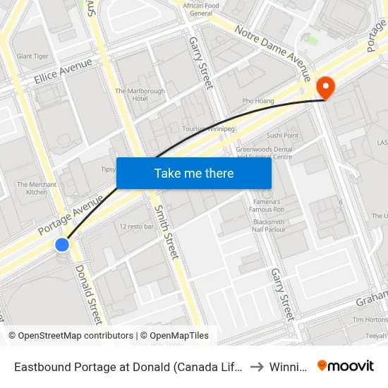 Eastbound Portage at Donald (Canada Life Centre) to Winnipeg map
