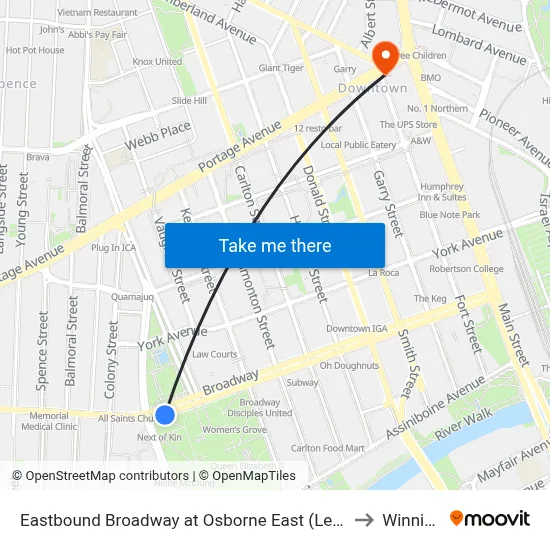 Eastbound Broadway at Osborne East (Legislature) to Winnipeg map