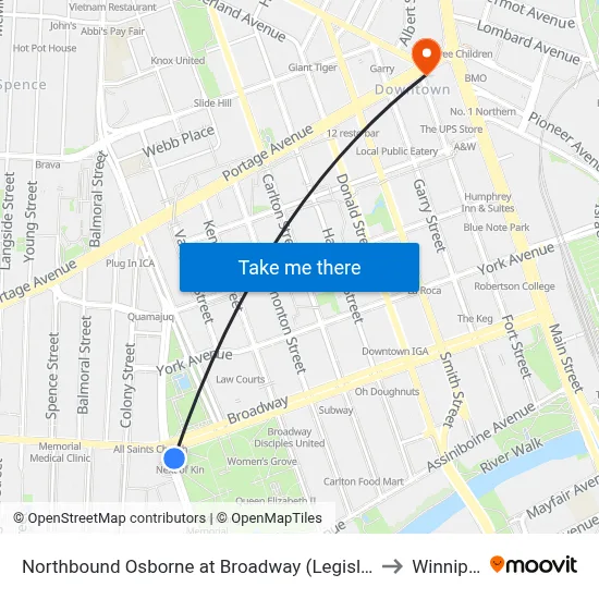 Northbound Osborne at Broadway (Legislature) to Winnipeg map