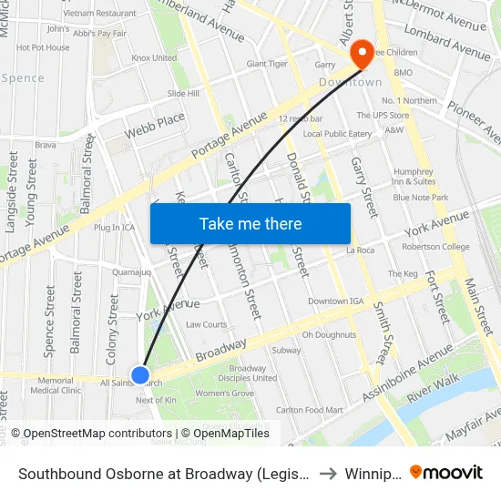 Southbound Osborne at Broadway (Legislature) to Winnipeg map