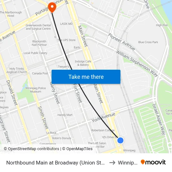 Northbound Main at Broadway (Union Station) to Winnipeg map