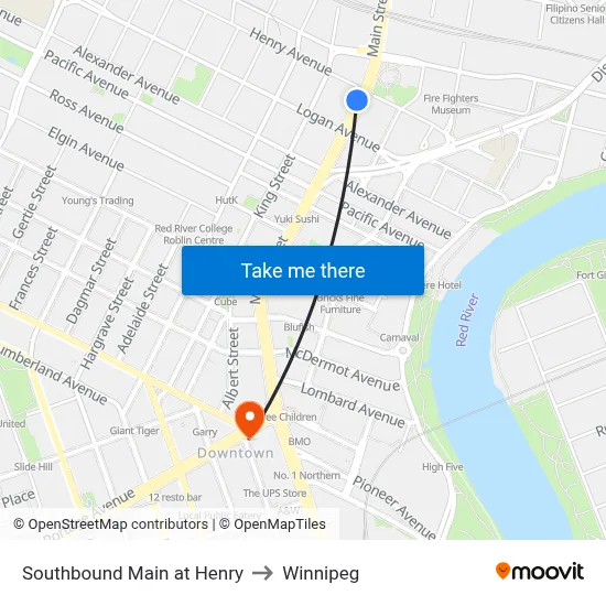 Southbound Main at Henry to Winnipeg map
