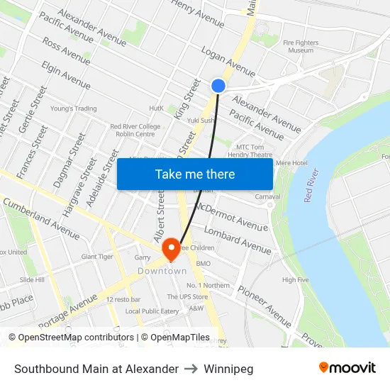 Southbound Main at Alexander to Winnipeg map