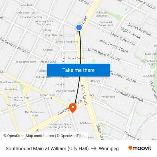 Southbound Main at William (City Hall) to Winnipeg map