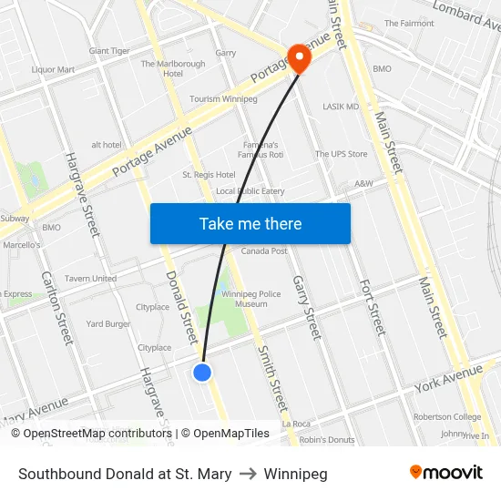 Southbound Donald at St. Mary to Winnipeg map