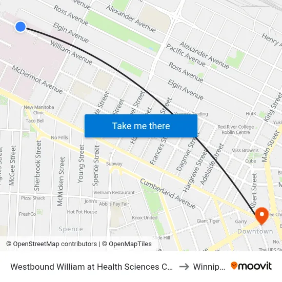 Westbound William at Health Sciences Centre to Winnipeg map