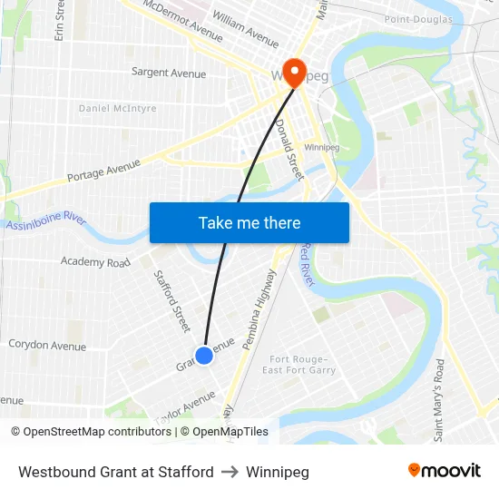 Westbound Grant at Stafford to Winnipeg map