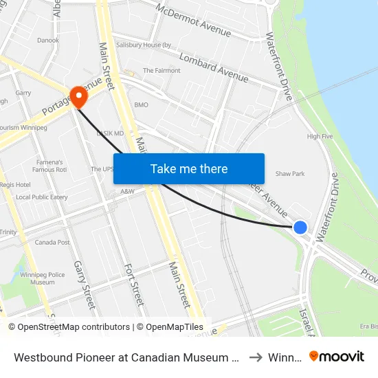 Westbound Pioneer at Canadian Museum For Human Rights to Winnipeg map
