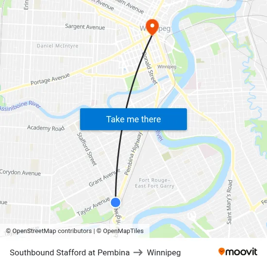 Southbound Stafford at Pembina to Winnipeg map