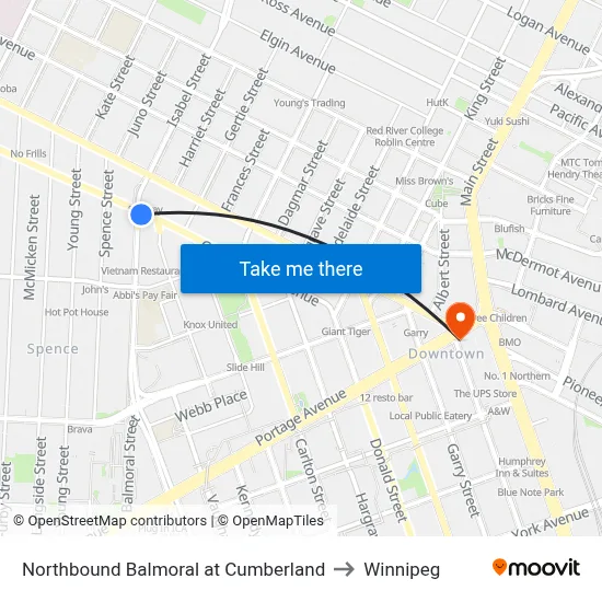 Northbound Balmoral at Cumberland to Winnipeg map