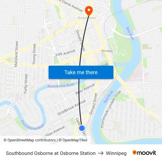 Southbound Osborne at Osborne Station to Winnipeg map