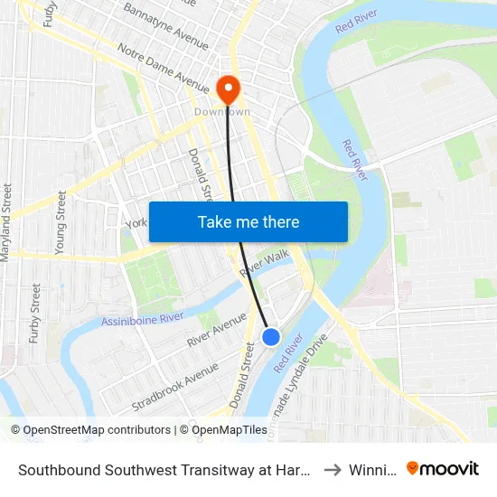 Southbound Southwest Transitway at Harkness Station to Winnipeg map