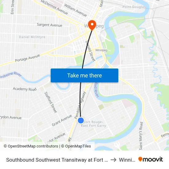 Southbound Southwest Transitway at Fort Rouge Station to Winnipeg map