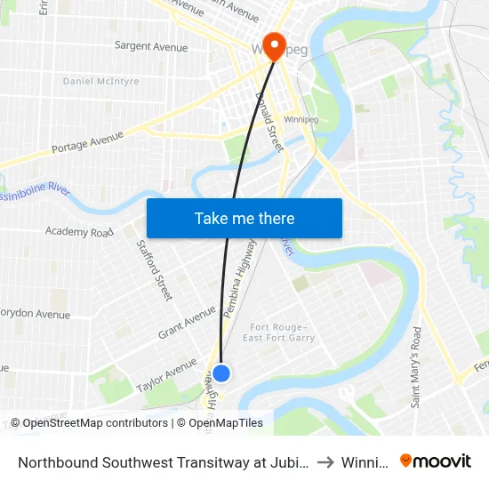 Northbound Southwest Transitway at Jubilee Station to Winnipeg map