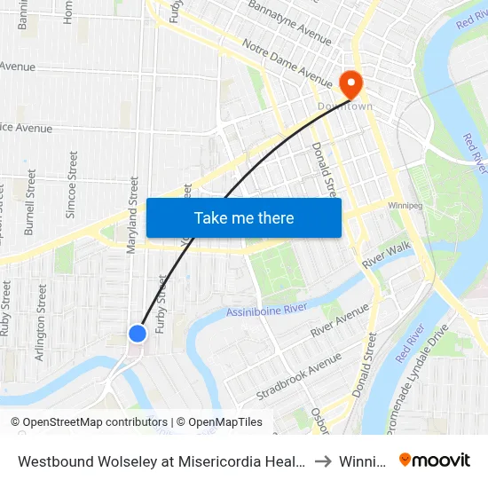 Westbound Wolseley at Misericordia Health Centre to Winnipeg map