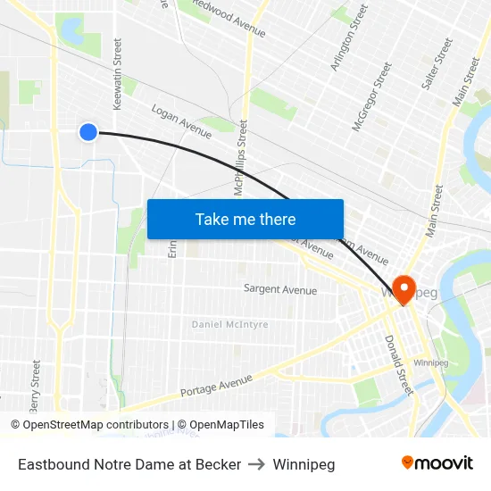 Eastbound Notre Dame at Becker to Winnipeg map