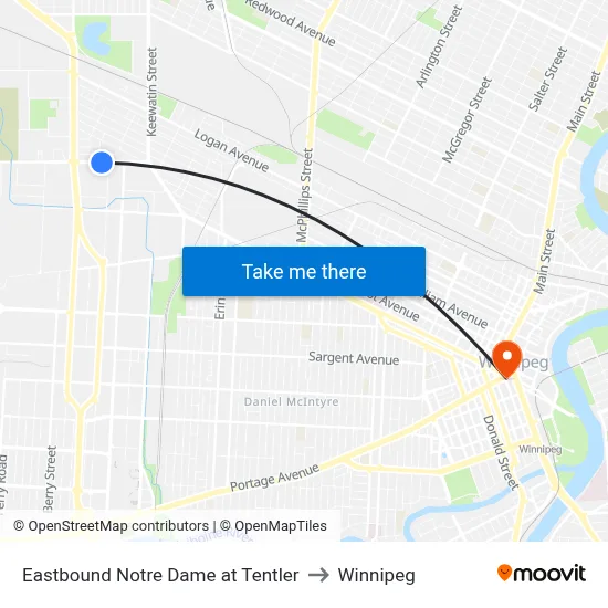 Eastbound Notre Dame at Tentler to Winnipeg map