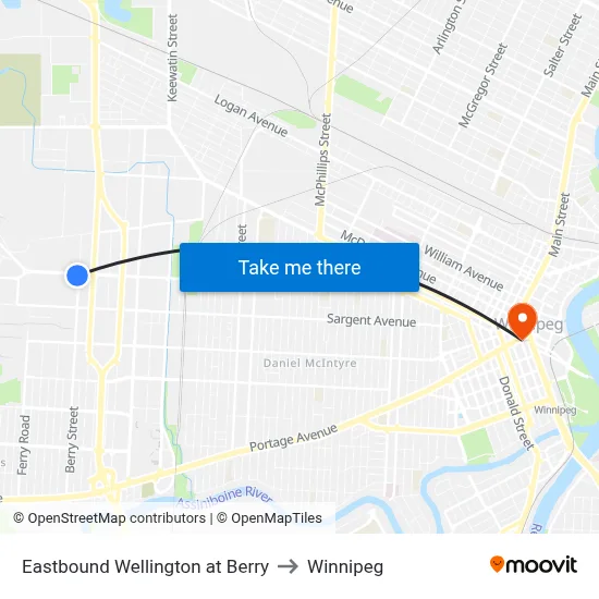 Eastbound Wellington at Berry to Winnipeg map
