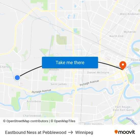 Eastbound Ness at Pebblewood to Winnipeg map