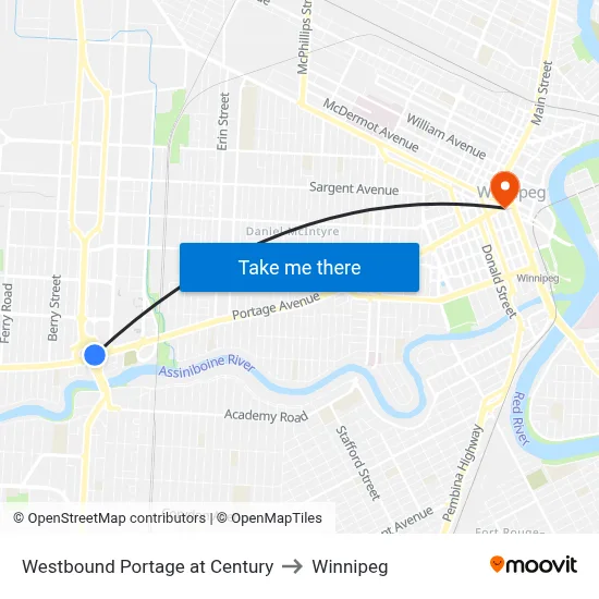 Westbound Portage at Century to Winnipeg map