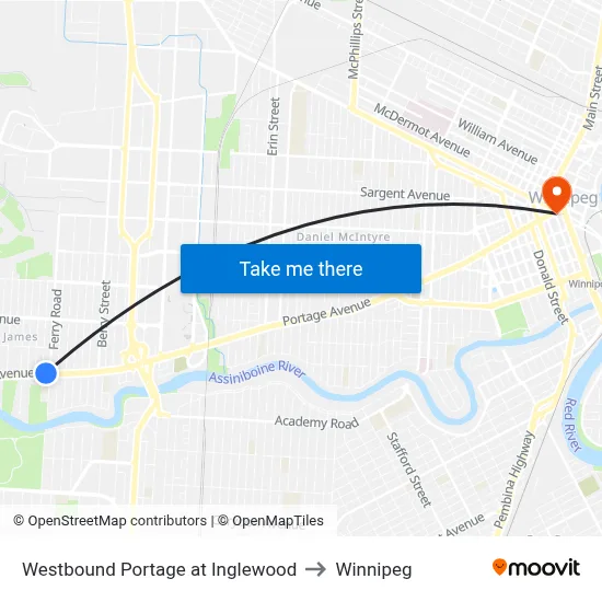 Westbound Portage at Inglewood to Winnipeg map