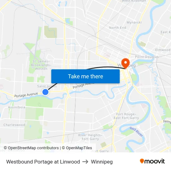 Westbound Portage at Linwood to Winnipeg map