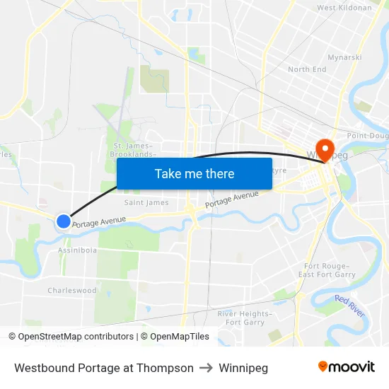 Westbound Portage at Thompson to Winnipeg map