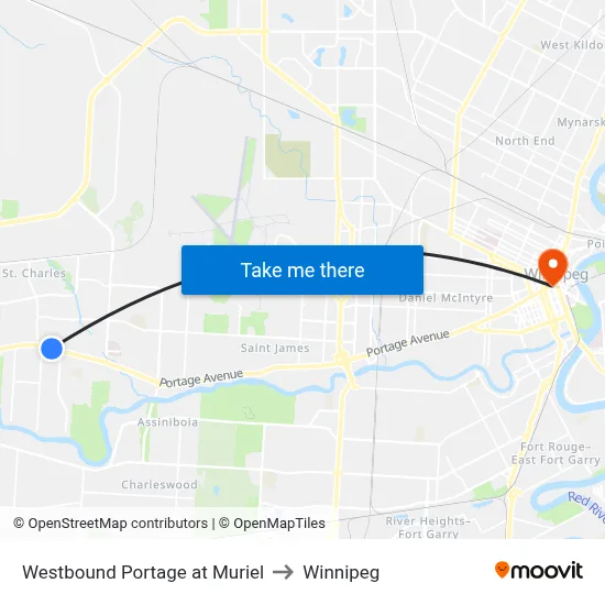 Westbound Portage at Muriel to Winnipeg map