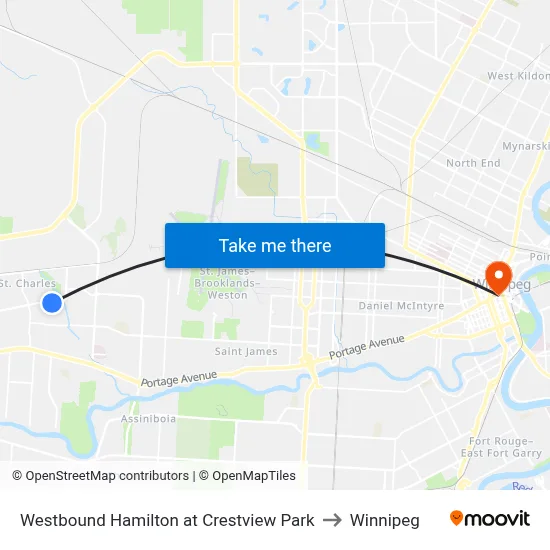 Westbound Hamilton at Crestview Park to Winnipeg map