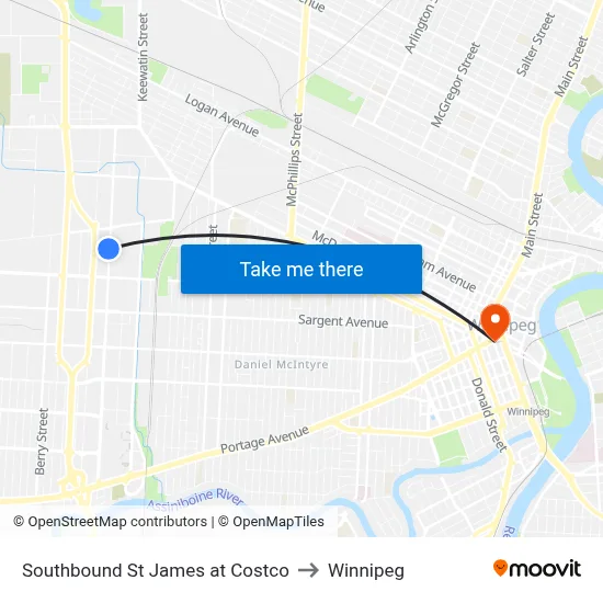 Southbound St James at Costco to Winnipeg map