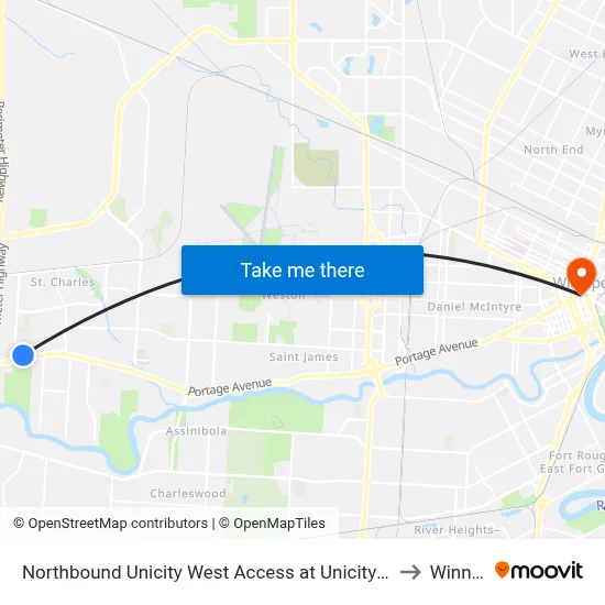 Northbound Unicity West Access at Unicity (Shoppers Drugs) to Winnipeg map