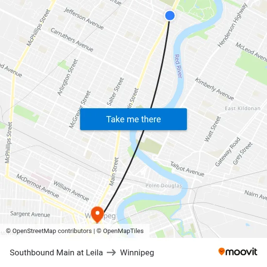 Southbound Main at Leila to Winnipeg map