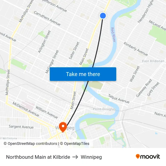 Northbound Main at Kilbride to Winnipeg map