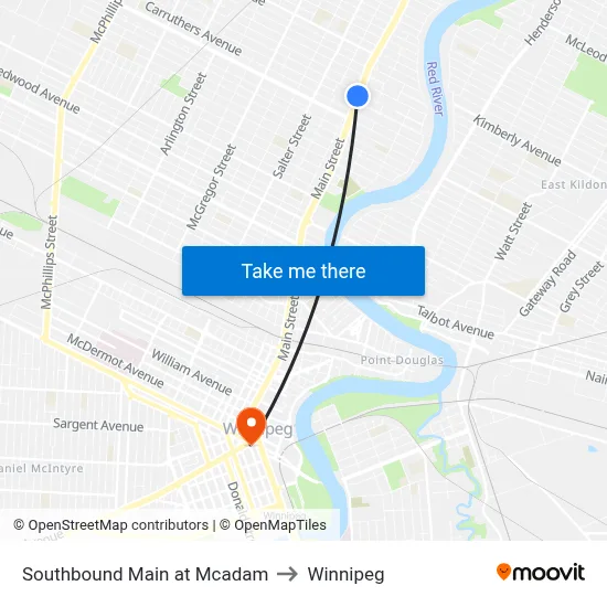 Southbound Main at Mcadam to Winnipeg map