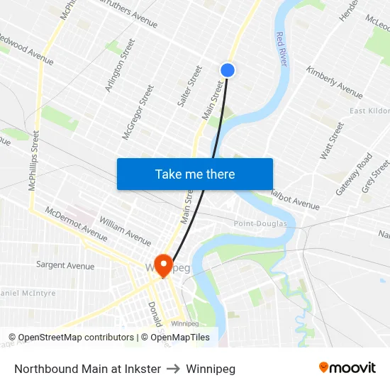 Northbound Main at Inkster to Winnipeg map